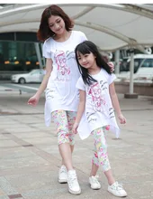 Family Cartoon Cat Clothing Set 2016 Brand New Arrival Summer Spring Mom And Daughter Short Sleeve T-Shirt + Pants Clothing Set