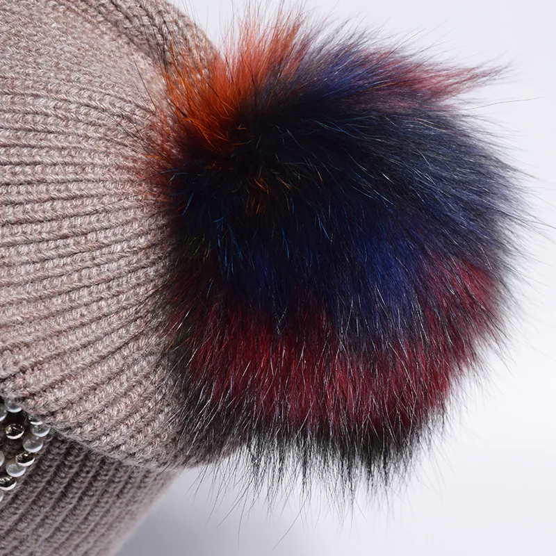Women Winter Hat Wool Knit Raccoon Pom Pom Cap Warm Ski Outdoor Accessory  (13)