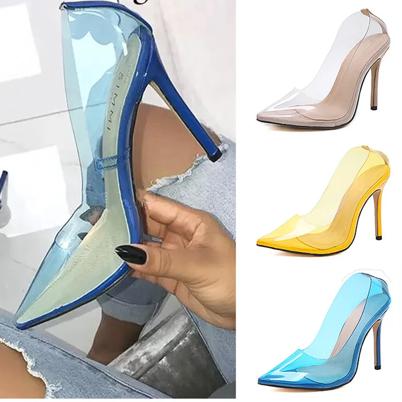 

2019 Spring Summer Clear PVC Transparent Pumps Slip on Stilettos High Heels Point Toe Womens Party Shoes Nightclub Sandals Pump