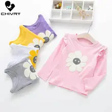 Chivry/весна-осень г.; футболки с длинными рукавами и цветочным принтом и круглым вырезом для маленьких девочек; Детские хлопковые футболки для девочек; повседневная одежда