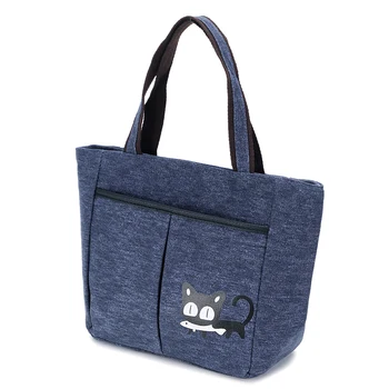 

Oriental style poetry canvas cat eating fish lady handbag lunch box bag small shopping bag large capacity multi-layer shoulder b