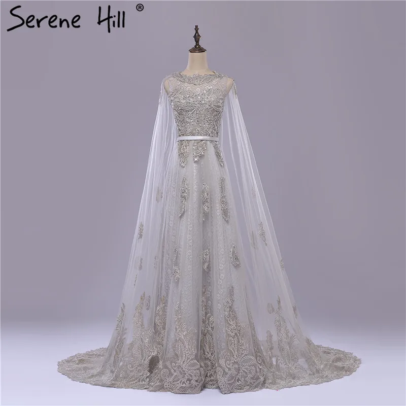

Vintage Grey Long Lace With Cap Wedding Dress Appliques Beading Bridal Gown 2019 Serene Hill