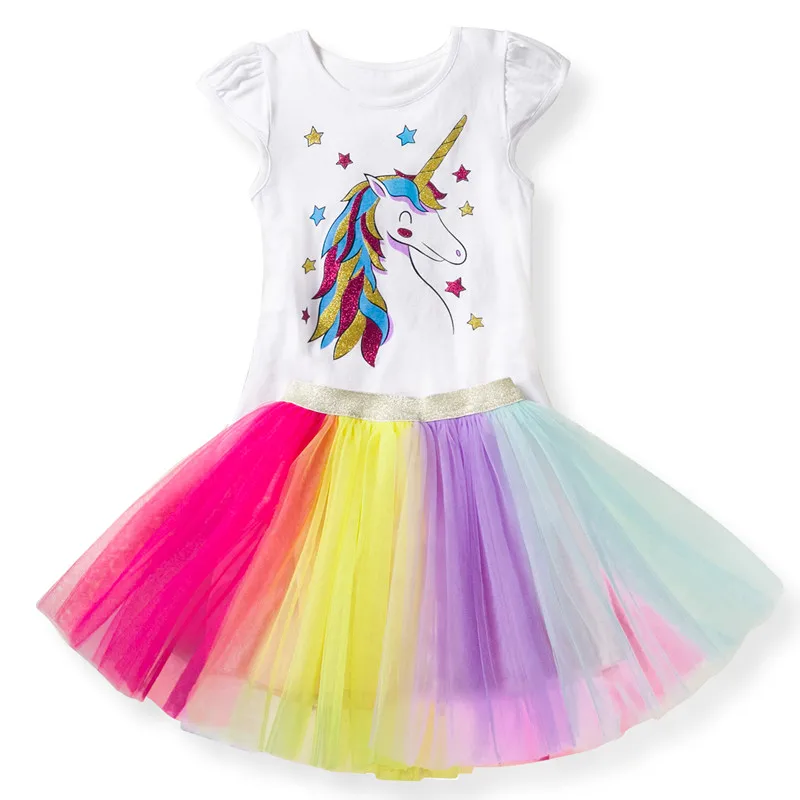 Комплект одежды для детей; летняя одежда для девочек с рисунком единорога; Футболка с блестками и рисунком единорога+ разноцветное платье-пачка; Одежда для девочек из 2 предметов - Цвет: Style 3