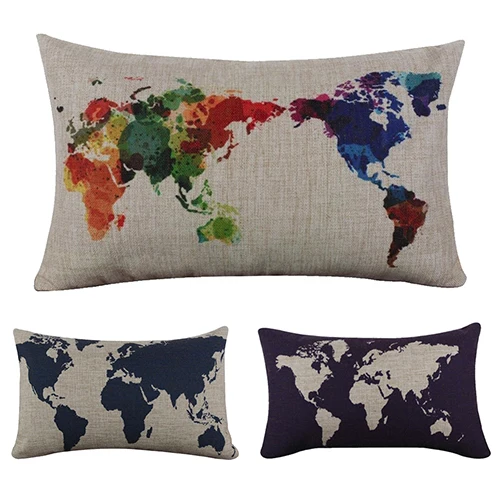 196 Trois Styles Coloré Blanc Ou Noir Couleur De Base Carte Du Monde Motif Rectangle Imprimer Throw Taie Doreiller Home Dans Taie Doreiller De