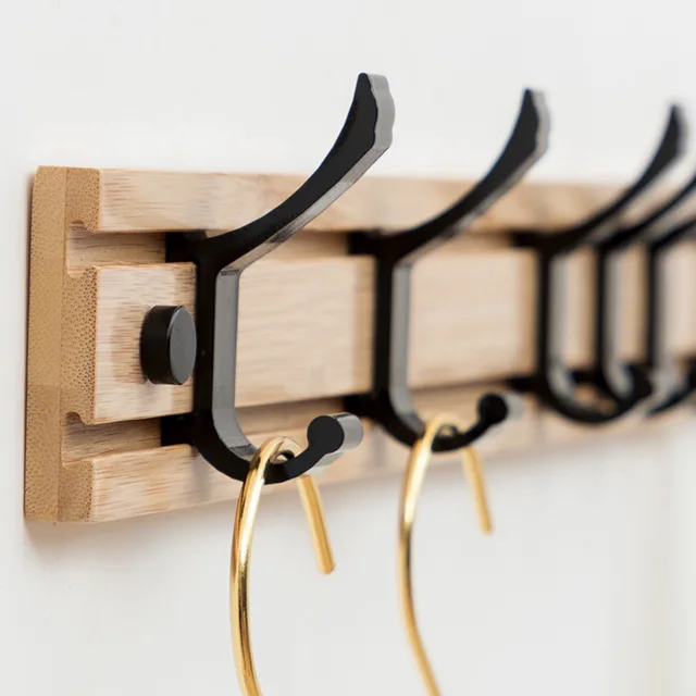 Modern Rustic Bamboo Wall Mount Coat Rack with Adjustable Coat Hooks