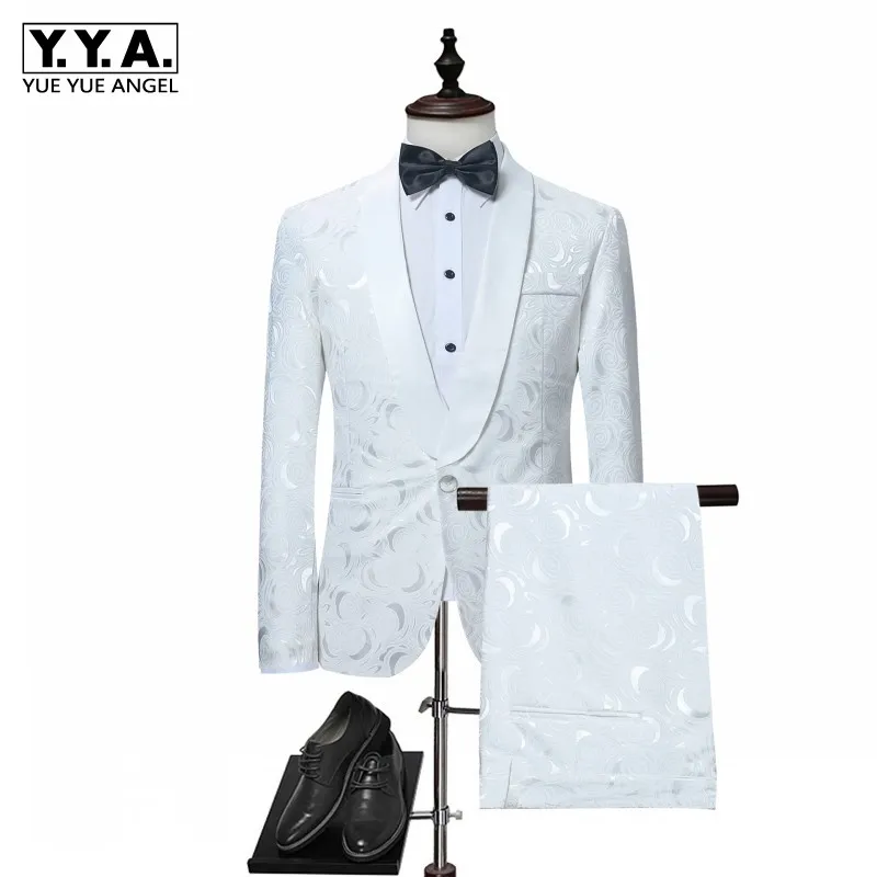 

Luxury Men Casual Suit Set White Single Button Slim Fit Traje British Style Wedding Suits Groom Tuxedos Costume Homme Mariage