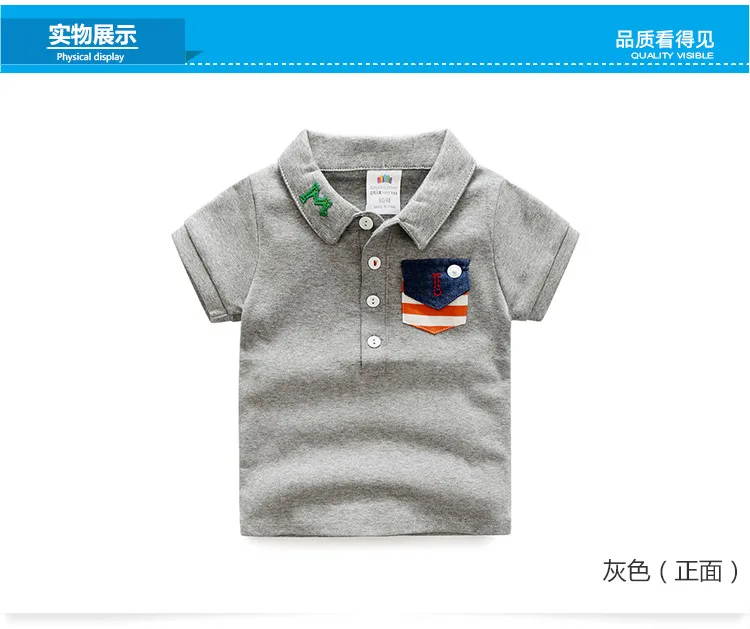 2018 Baby Children Clothing Casual Cotton Short Sleeve Turn-Down Collar Gray White Solid Color Pocket Kids Little Boys T Shirts (7)
