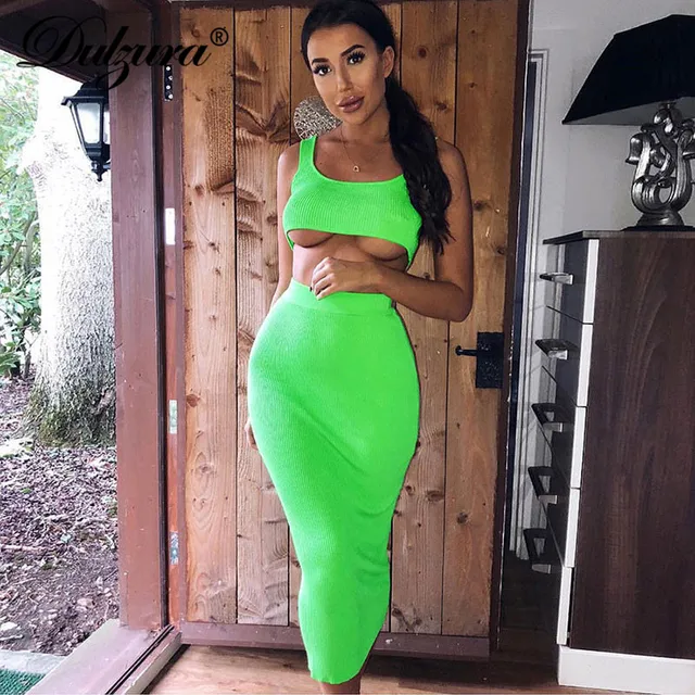 Dulzura neon ribbed knitted women two piece matching co ord set crop top midi skirt sexy festival party 2019 winter clothing