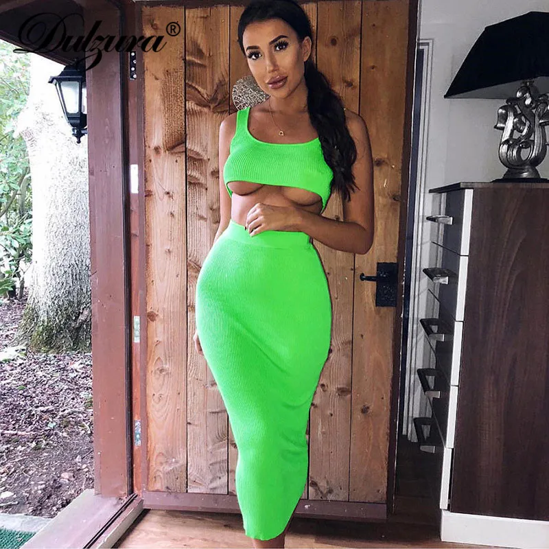 Günstig Dulzura neon rippen gestrickte frauen zwei stück passenden co ord set crop top midi rock sexy festival party 2019 winter kleidung