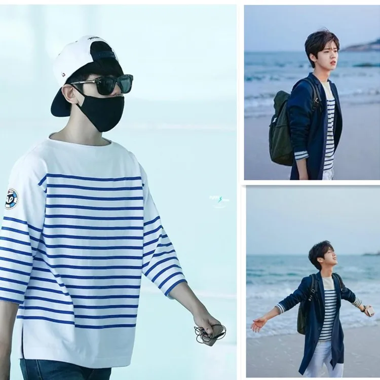 Kpop EXO Повседневная Женская одежда LUHAN Same paragraph stripe с коротким рукавом женская футболка Корея Студенческая свободная модная футболка