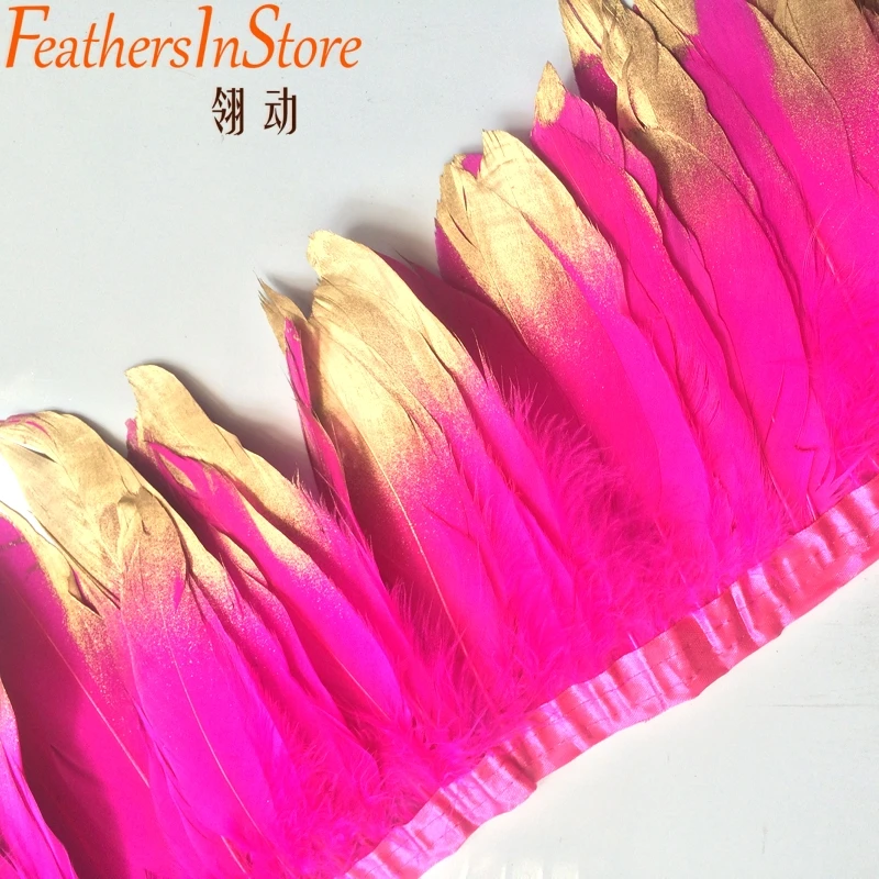 

10meters Fuchsia Gold Painting Spray Goose Feather Fringes 15-18cm With Gold Tips Goose Feather trims