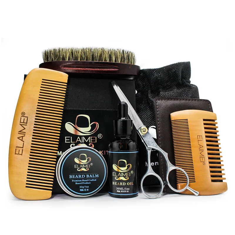

9PCS Men Beard Oil Kit Food Storage Kits Beard Wax Male Care Kit Beard Balm Care Beard Brush Comb Scissor Man Kit Gift Style