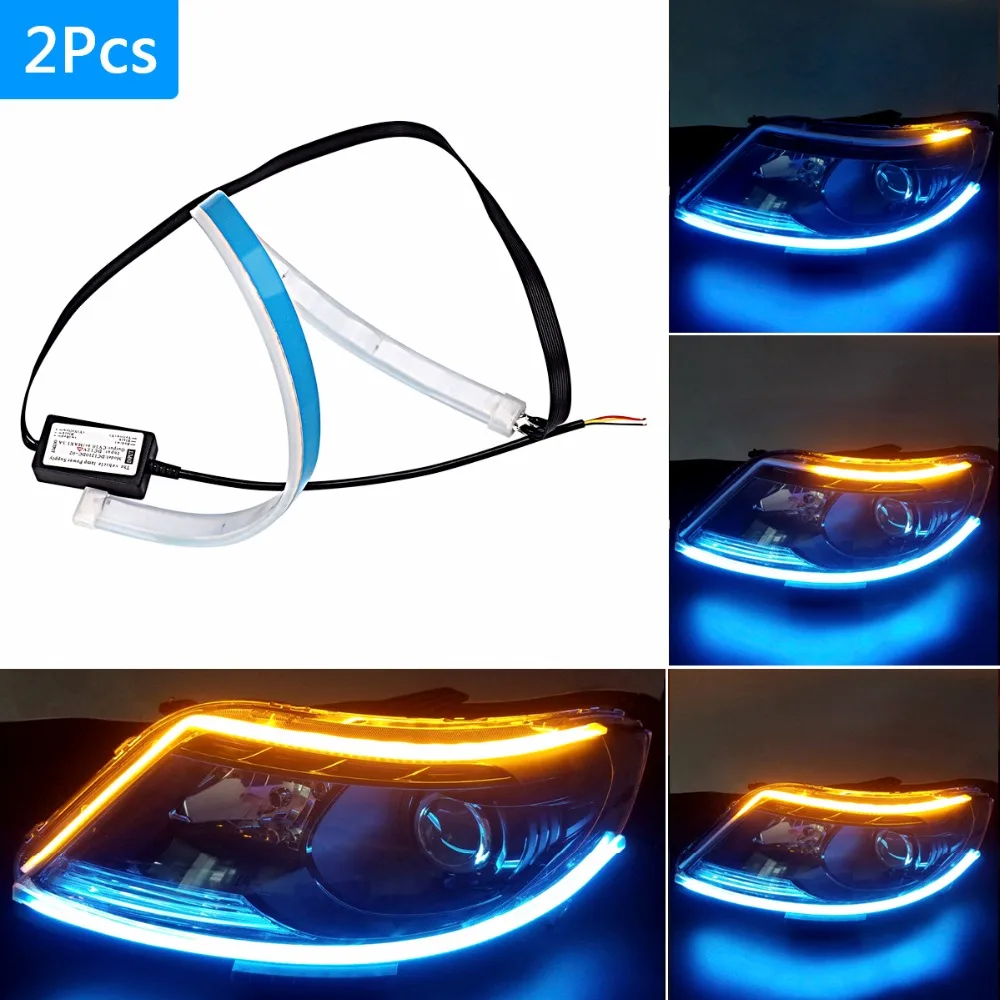 2PCS Thin Yellow Flowing Ice Blue LED Daytime Running Lights DRL Strip Dynamic Turn Signal Flexible Soft Strip Light Car Tuning 2PCS Thin Yellow Flowing Ice Blue LED Daytime Running Lights DRL Strip Dynamic Turn Signal Flexible Soft Strip Light Car Tuning