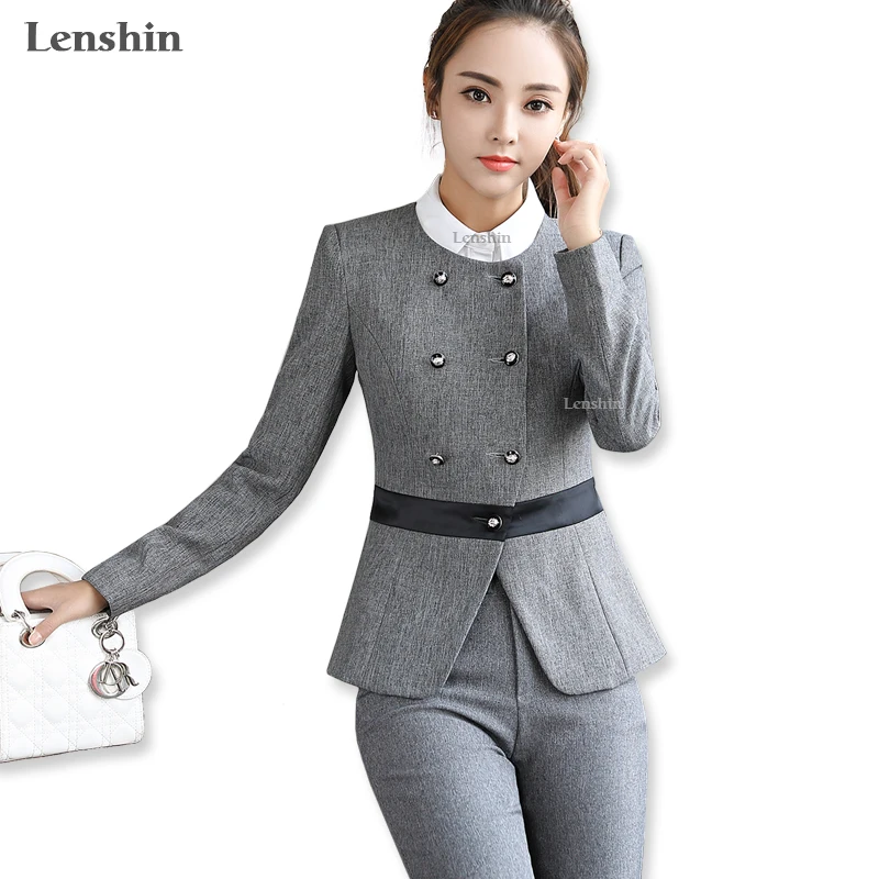 Lenshin 2 Pieces Set Gray Pant Suits Office Lady Design
