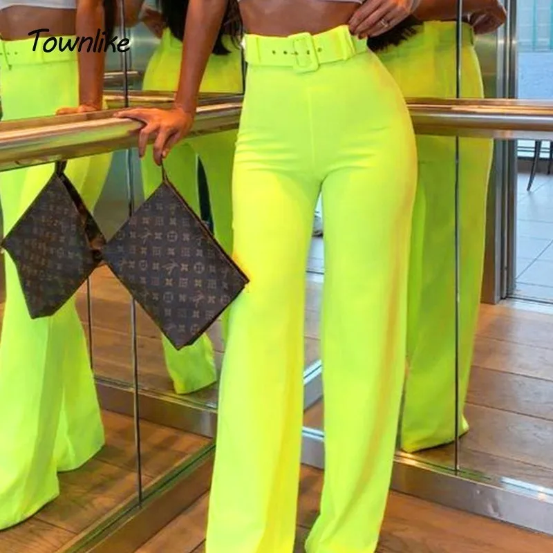 

Townlike 2019 Summer Wide Leg Pants Women High Waist Casual Sexy Fluorescence Neon Pants Ladies Trousers