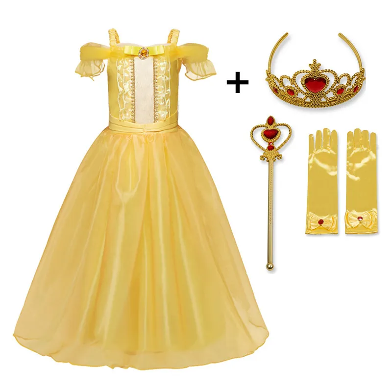 

2019 Belle Princess Dress Girls Cosplay Dresses Sleeping Beauty Kids Party Clothing For Girls Magic Stick Crown Children Costume