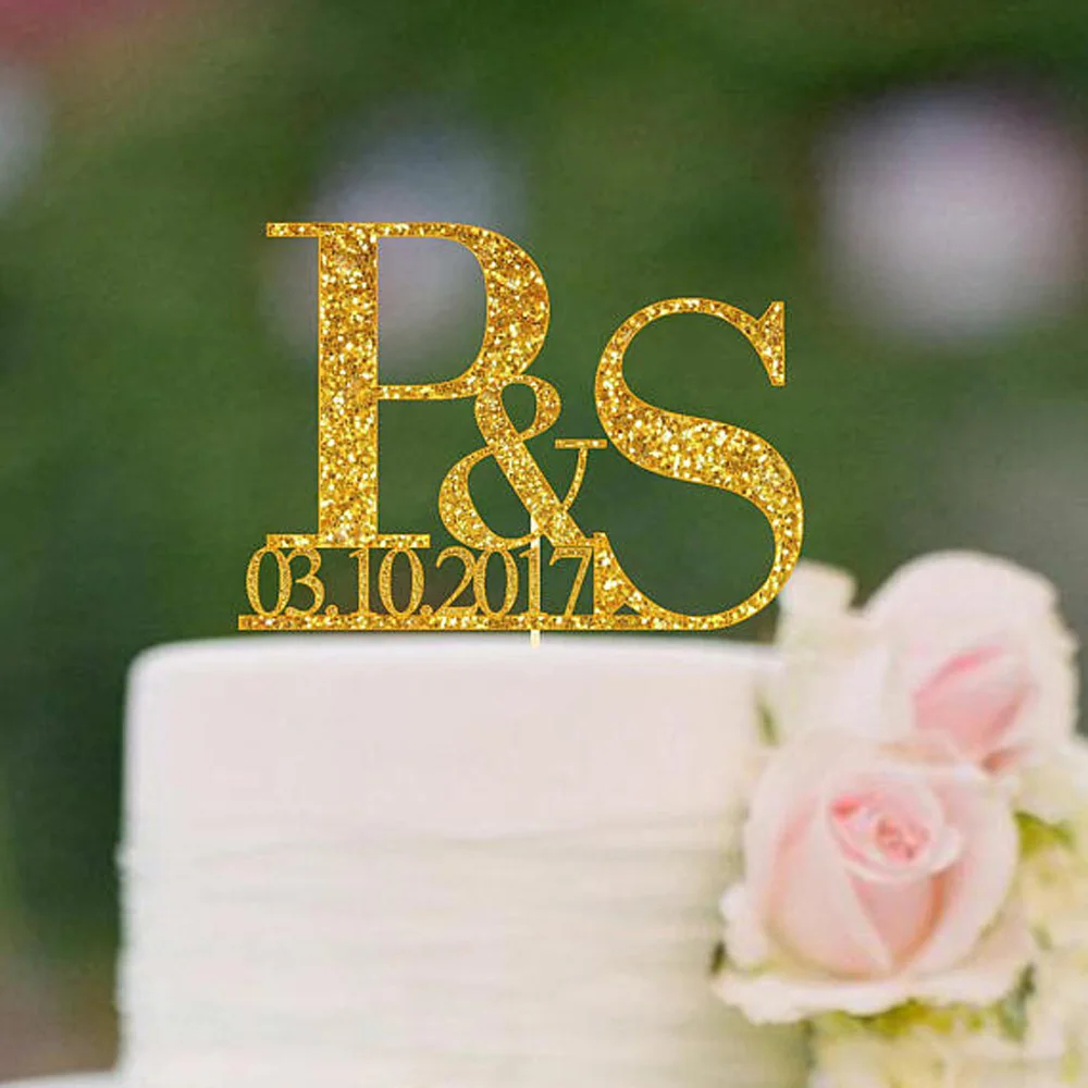 Initials Letter Cake Toppers Names and Date Personalized Wedding Cake Topper Monogram Customized Acrylic silver wood Cake Topper