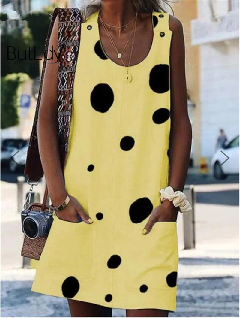 Big Polka Dot Tank White Women Dress Summer 2019 Sexy Sleeveless Ladies Dresses with Pockets Button Cotton Linen Dress Women