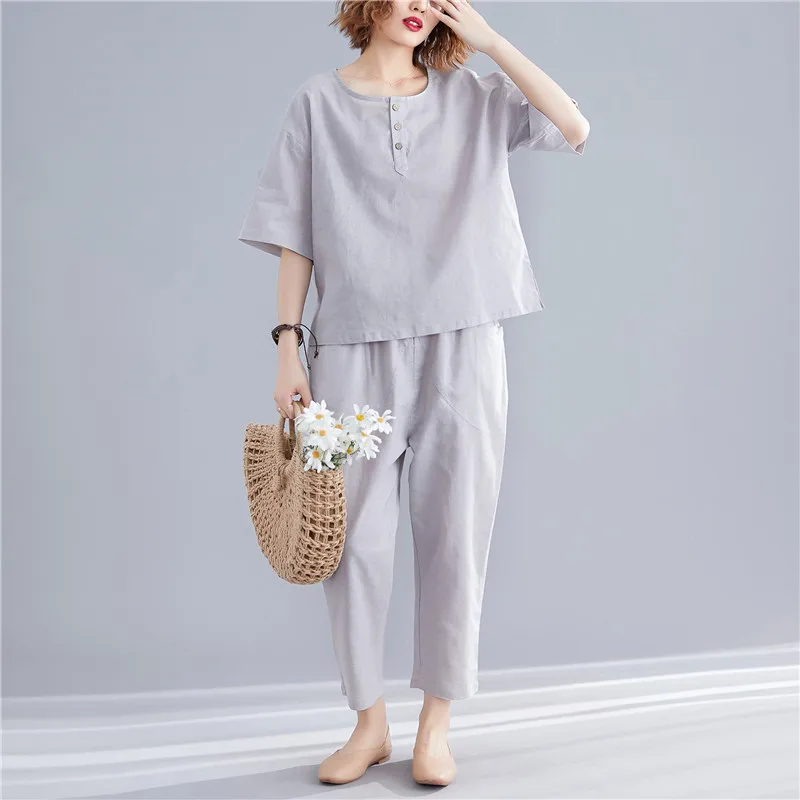

Johnature 2019 Casual Solid Color Two Pieces Womens Sets Summer New Loose Half Sleeve Tops Elastic Wiast Pant Women Sets
