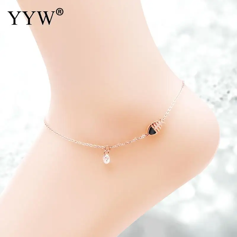 

Free Shipping Lovely Small Fish Bone With Rhinestone Single Chains Foot Bracelets For Simple Design Animal Anklet For Women&Girl