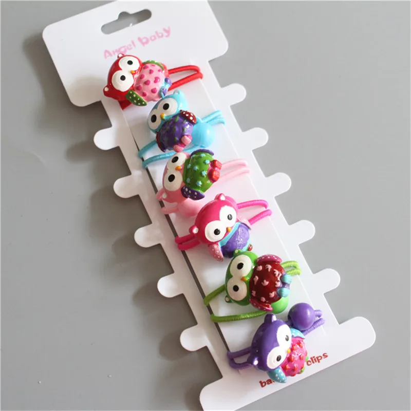 

6pcs/set Cute Cartoon Owl Little Girls Elastic Hair Bands Resin Multicolor Hair Rope Ponytail Holders Kids Gum Headdress