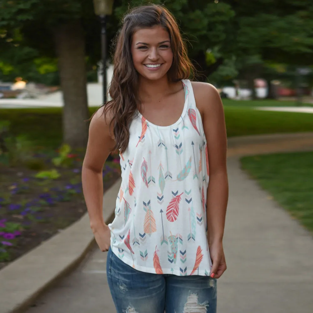 Женская блузка белая без рукавов с принтом перьев|womens vest tops|vest topnew summer |