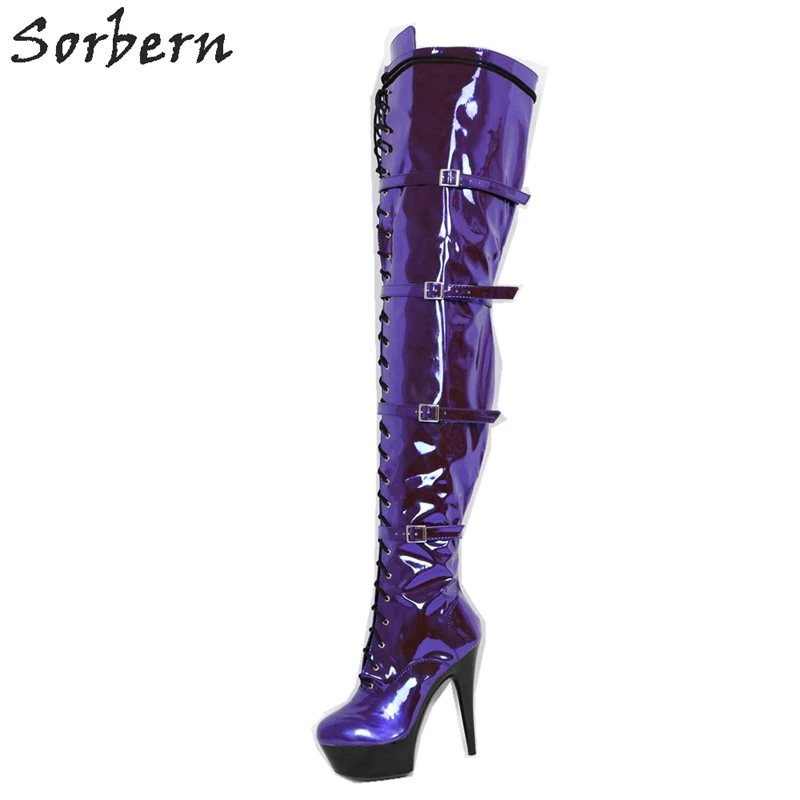 Sorbern/высокие сапоги до бедра с металлическим фиолетовым шаговым швом; женские ботфорты на платформе и высоком каблуке 15 см