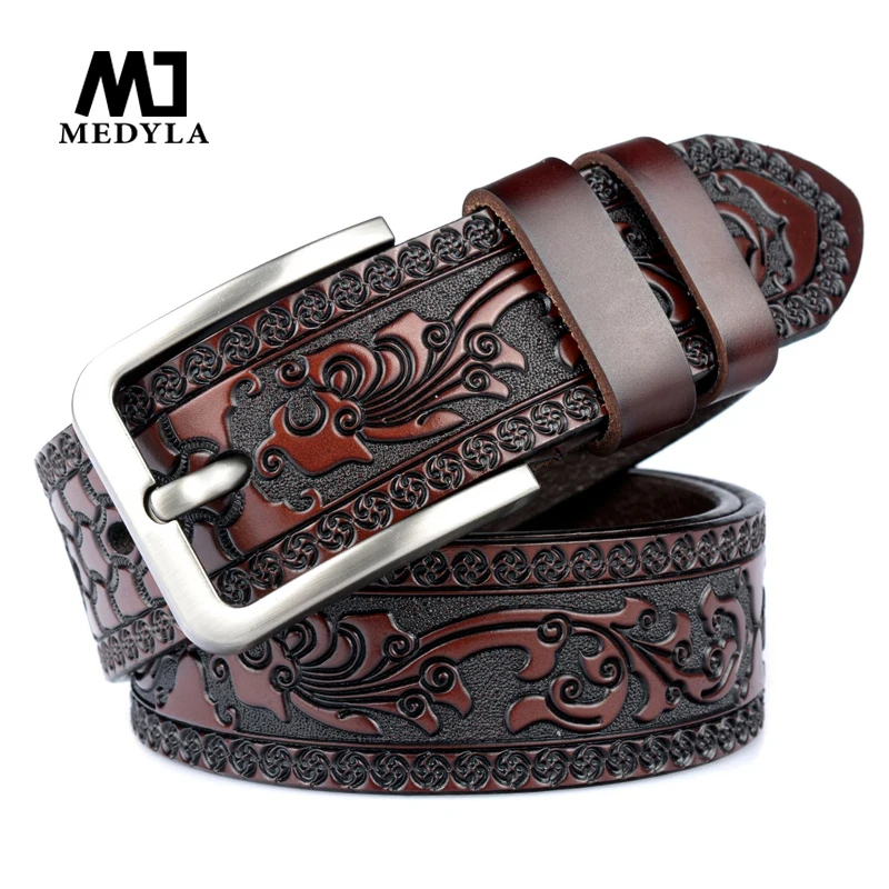 MEDYLA Belts For Men High Quality Cow Genuine Leather Embossing Belt Male Fashion Classic Vintage Pin Buckle Strap For