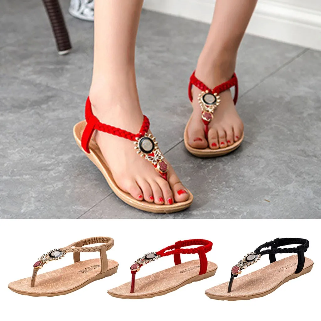 

Sandals Fashion Gladiator Sandals Women Summer Elastic Band Female Flat Bohemia National Girl Open Toe Sweet style Beach Shoes