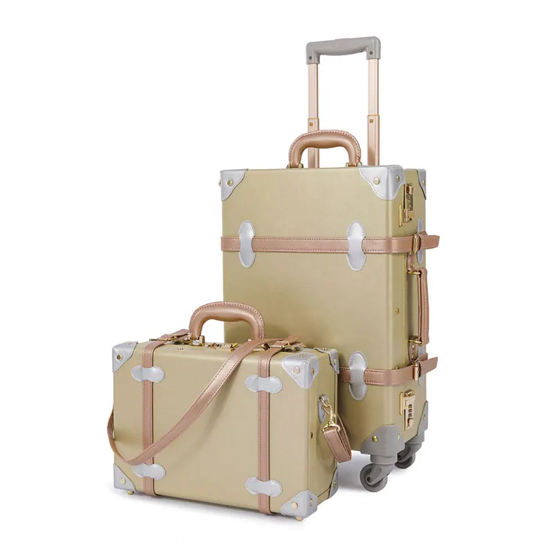 Cotrunkage 2 предмета золото ретро чемодан из ПУ-кожи Для женщин багажник винтажные чемоданы для девочек комплект багажных сумок на колесиках с 1" косметический случай - Цвет: Gold