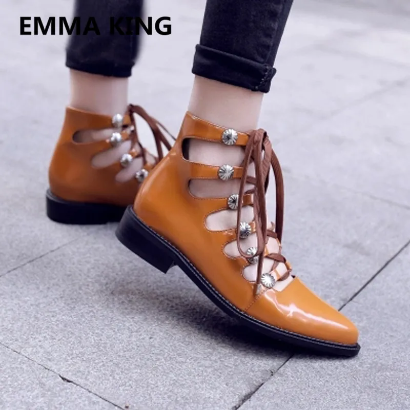 

New Lace Up Leather Ladies Summer Ankle Boots Pointed Toe Hollow Gladiator Sandals Runway Casual Flats Shoes Woman Sandals Boots