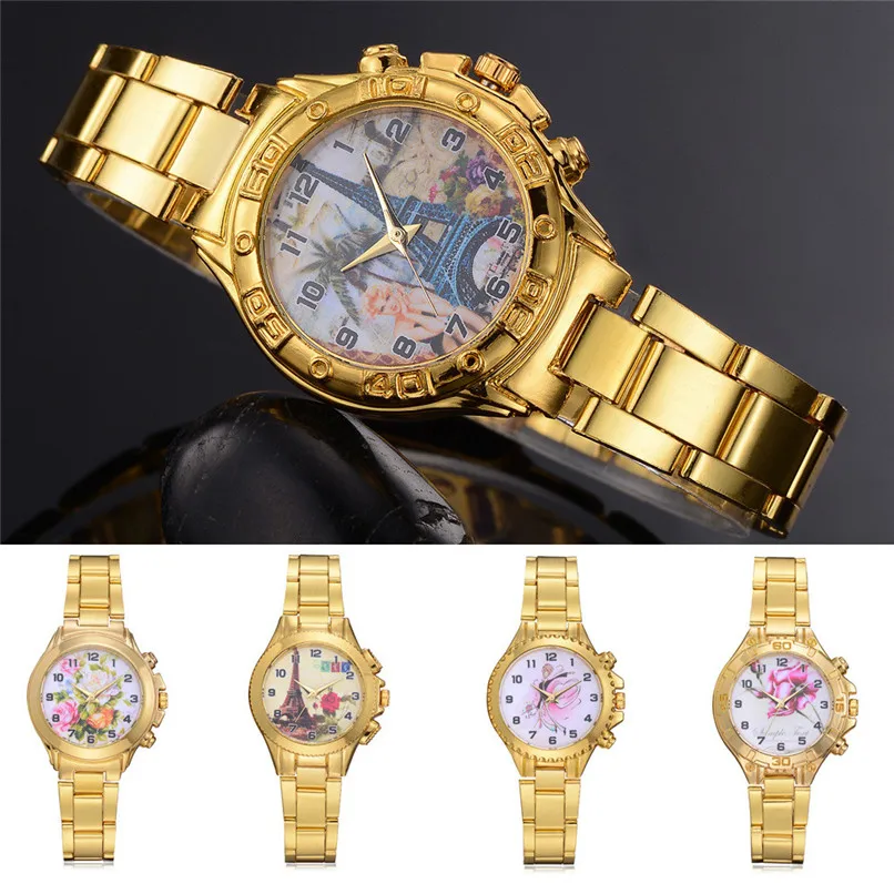 Элегантный Для женщин часы 2018 лучший бренд Роскошные модные золотые женские часы Нержавеющая сталь высокое качество кварц-часы relogio 5N