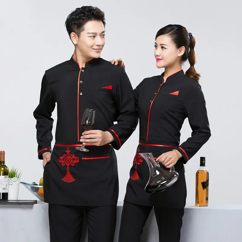 Long Sleeve Chinese Style Waiter Uniforms Autumn Black