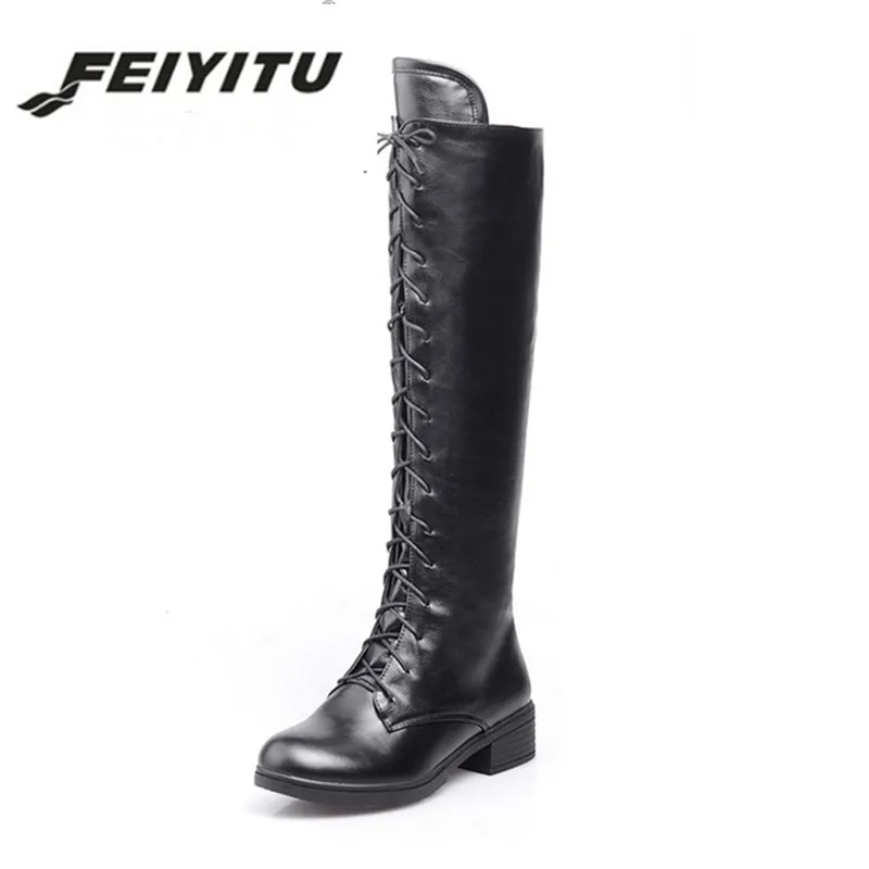

feiyitu Big Size 34-43 Knee High Boots Fashion Lace Up Brand Design Square Heels Lady Autumn Winter Platform Shoes Women
