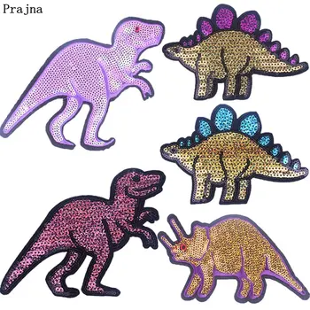 

Prajna Cartoon Dinosaur Sequined Patches Jurassic Park Cartoon Style Iron On Patches For Clothing Accessories On Kid T-shirt DIY