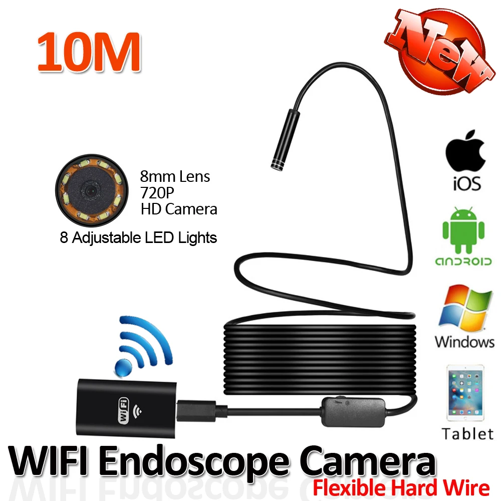 2017New 8LED 10M Hard Flexible Snake USB WIFI Android IOS Endoscope Camera HD720P 8mm 2MP Iphone
