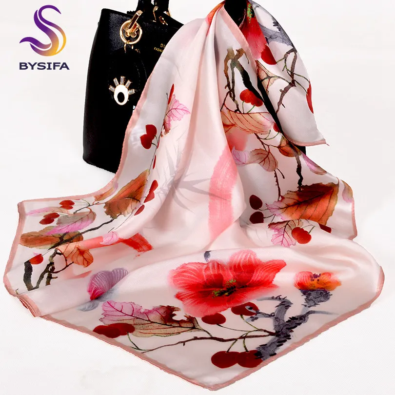 [BYSIFA] Розовый пион шелковый шарф женский китайский стиль дизайн шейный шарф маленькая сумка ленты высшего класса небольшие Квадратные платки - Цвет: beige red 3501