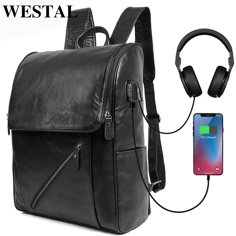 

WESTAL Multi-functional Backpack Genuine Leather Male Mochila USB Charging Anti Theft Backpack for School Men Travel Backpack