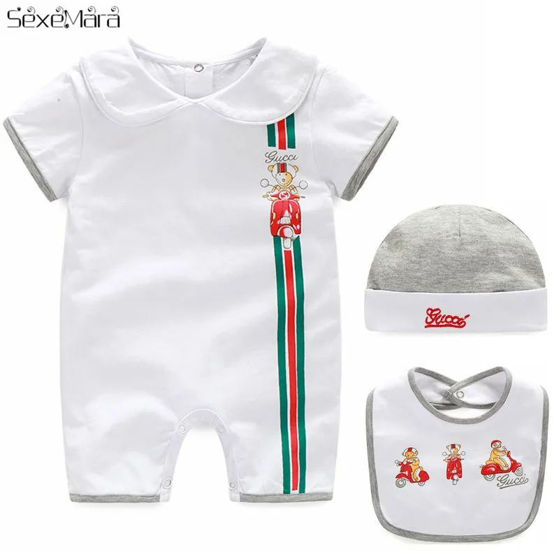 

Baby Boy Girl Clothes Cotton Cartoon Short-Sleeved Romper Newborn Jumpsuit+Hat+Bib Three-piece New Born Baby Clothes