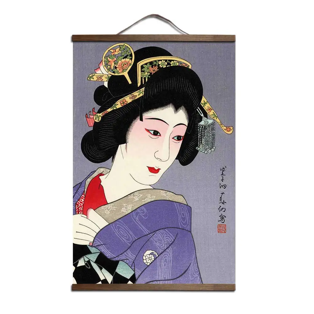 Японский Ukiyoe для живописи на холсте плакаты и принты украшения стены искусства домашний декор с твердой деревянной подвеской свиток - Цвет: Белый