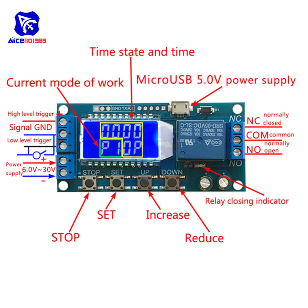 Реле задержки времени 5 в таймер цикла задержки-выключения 0.01s-9999 минут триггер реле задержки коммутации модуль с ЖК-дисплеем с Micro USB