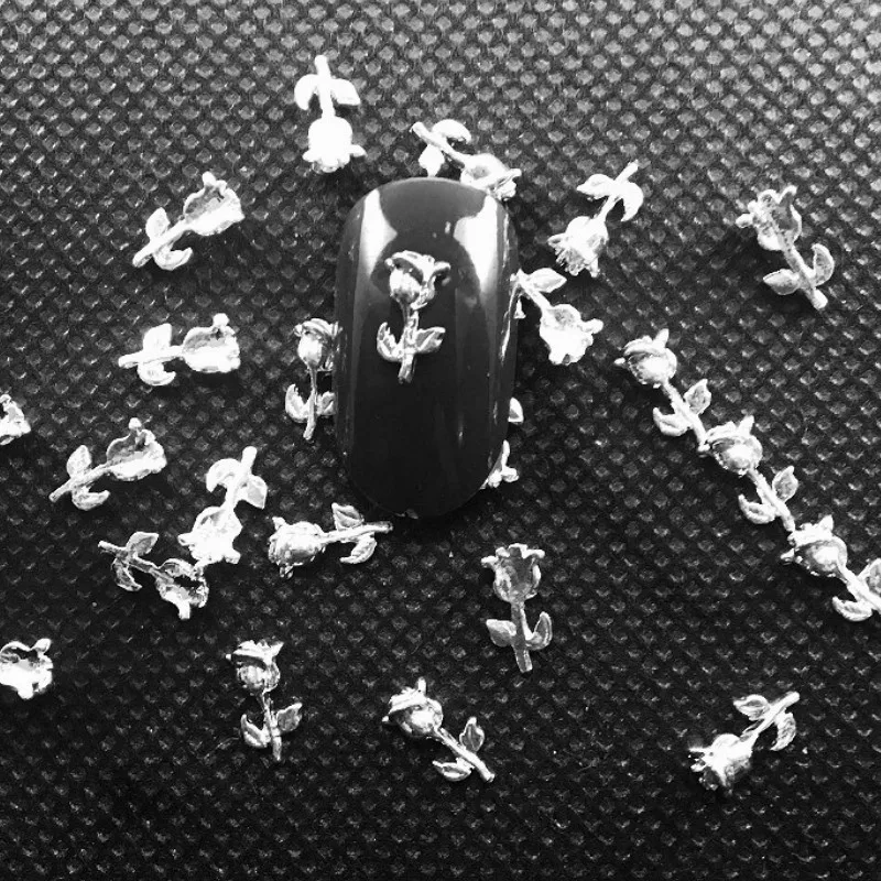 

20Pcs Rose Flowers Nail Art Decorations 3d Charms Nails Accessoires Kawaii Silver Metal Studs Spring Tulips Nailart Supply diy
