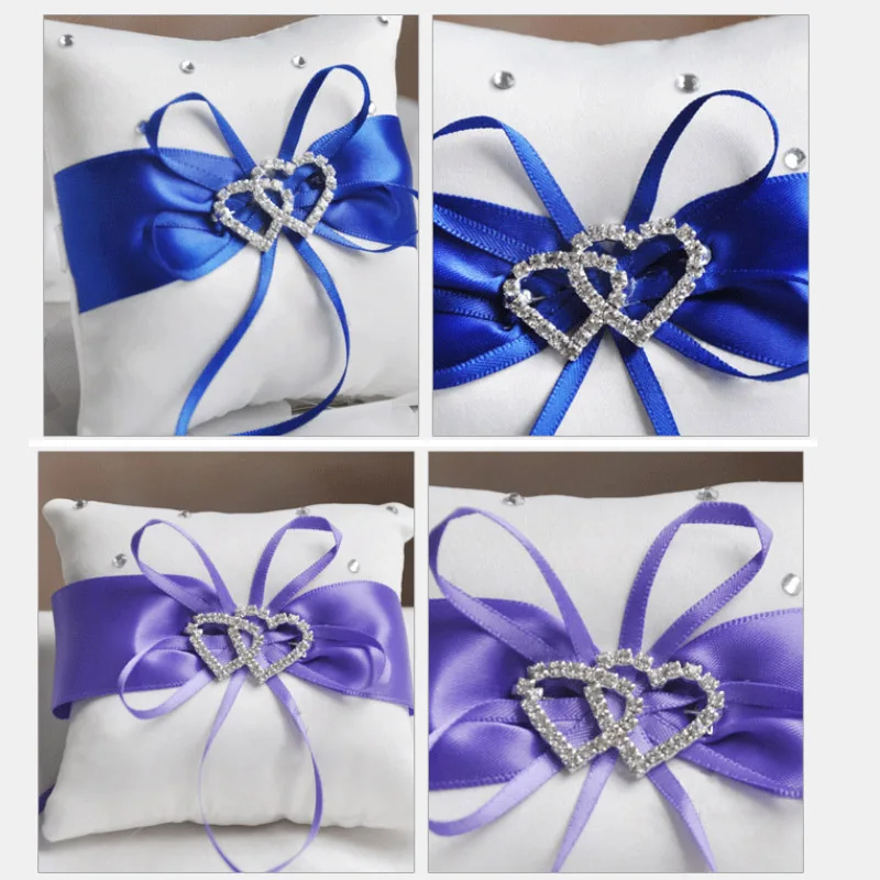 Drop Shipping European Wedding Decor Ring Pillow Double Heart White Red Blue Handmade Ribbon Bowknot Rhinestone Party Supplies