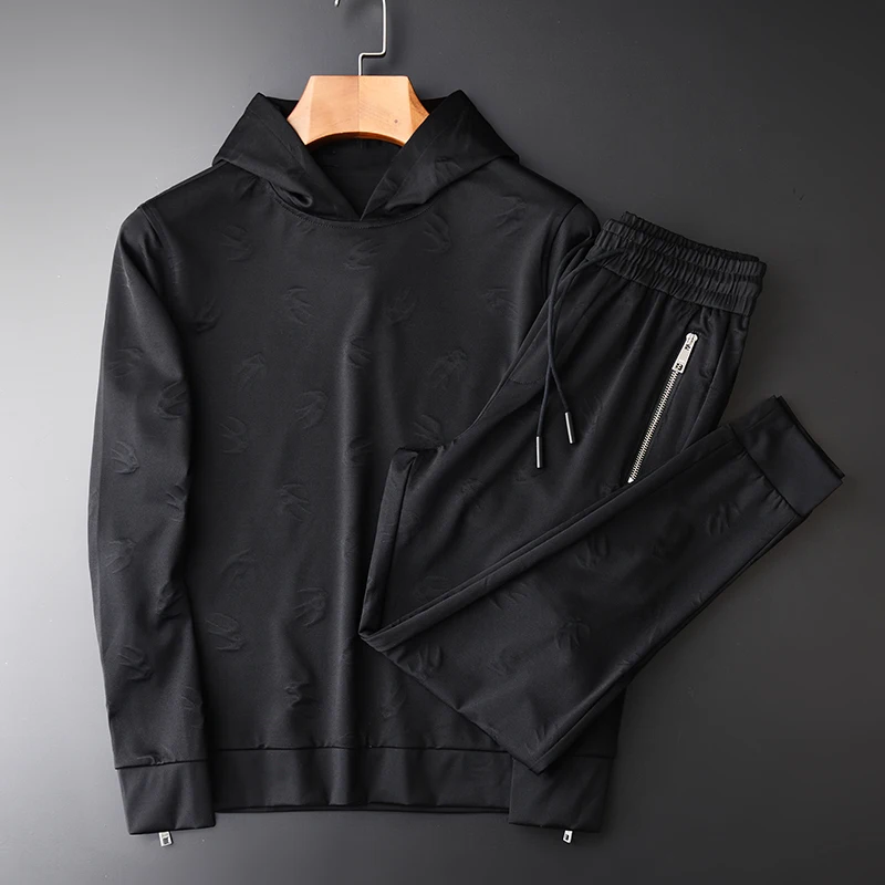 

Minglu Men Hoodie Hight Quality Swallow Jacquard Design Black Hoodies Whit Pants Autumn Fashion Slim Fit 2 Pieces Sweatshirt Men