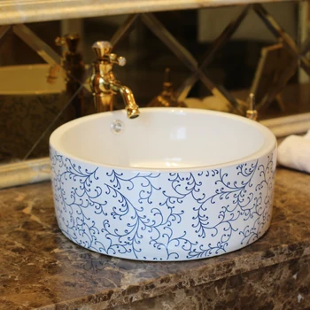 

Europe Vintage Style Lavobo China Art Ceramic Washing Basin Bathroom Counter top Bathroom Sink blue chinese design wash basin