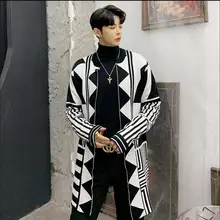 Новинка весны, дизайнерская длинная трикотажная ветровка с геометрическим узором, Мужской Жаккардовый свитер, тонкий кардиган с длинными рукавами, пальто