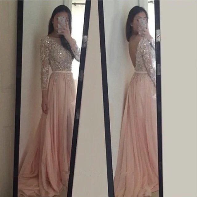 Luxury Crystal A Line Prom Dresses 2015 Boat Neck Beaded Long Sleeve Backless Vestidos De Festa Party Evening Gowns | Свадьбы и