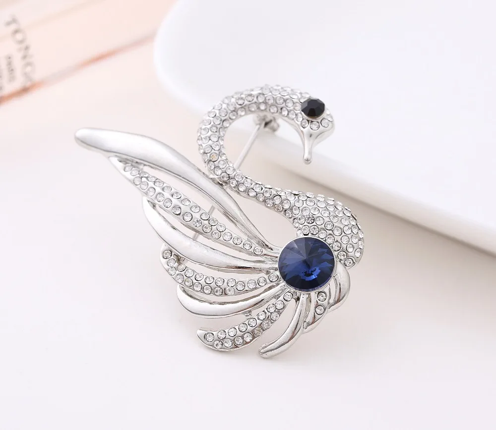 

LISM Blue Crystal and Clear Rhinestones Swan Elegant Brooch Pins For Women Or Girls