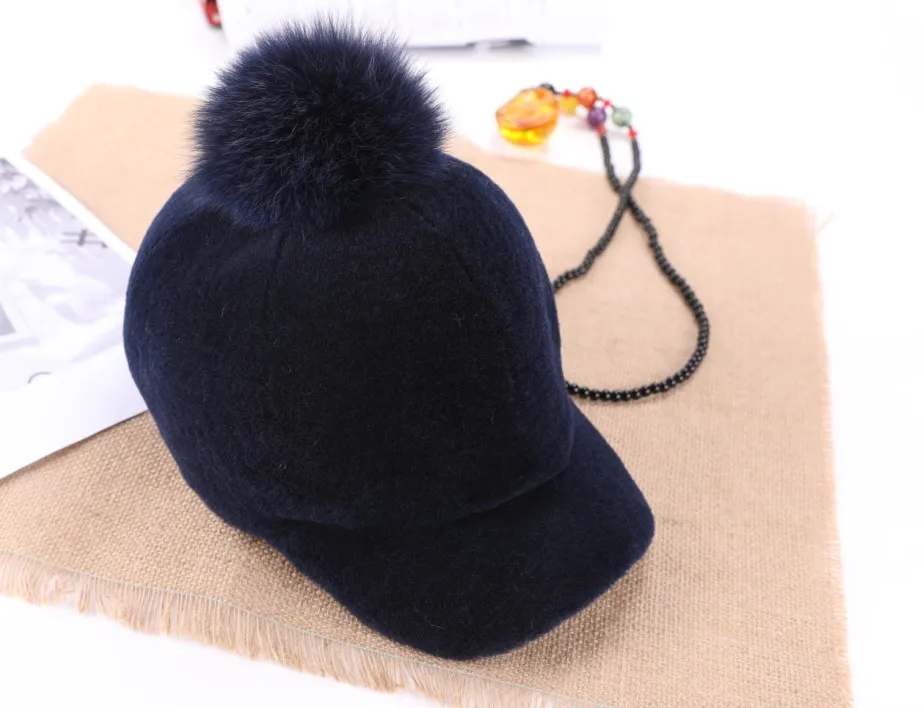 Горячая Распродажа, женская шапка, зимняя утолщенная меховая шапка, зимняя теплая шапка для стрижки овец с меховым помпоном из лисы, шапка KWA641 - Цвет: Navy