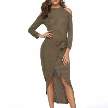 

Sexy Lady Women O-neck Wrist Sleeve Off Shoulder Straight Front Split Mid-calf Dress Shoulder Hollow Out Solid Sexy Party Dress
